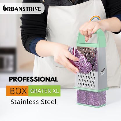 Urbanstrive Cheese Grater With Container, Professional Cheese Grater with Handle, Stainless Steel Graters for Kitchen Handheld, Box Grater with 4 Sides for Vegetables, Ginger, Potatoes (Blue)