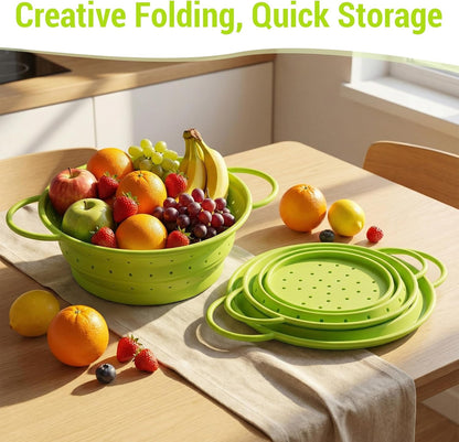 3 Pack Collapsible Colander with Strainer Bowl Set, 11 & 13 In BPA-Free Silicone Colanders for Kitchen, Heat-Resistant Space-Saving Strainer Dishwasher Safe Baskets for Vegetable Fruits(Grey)