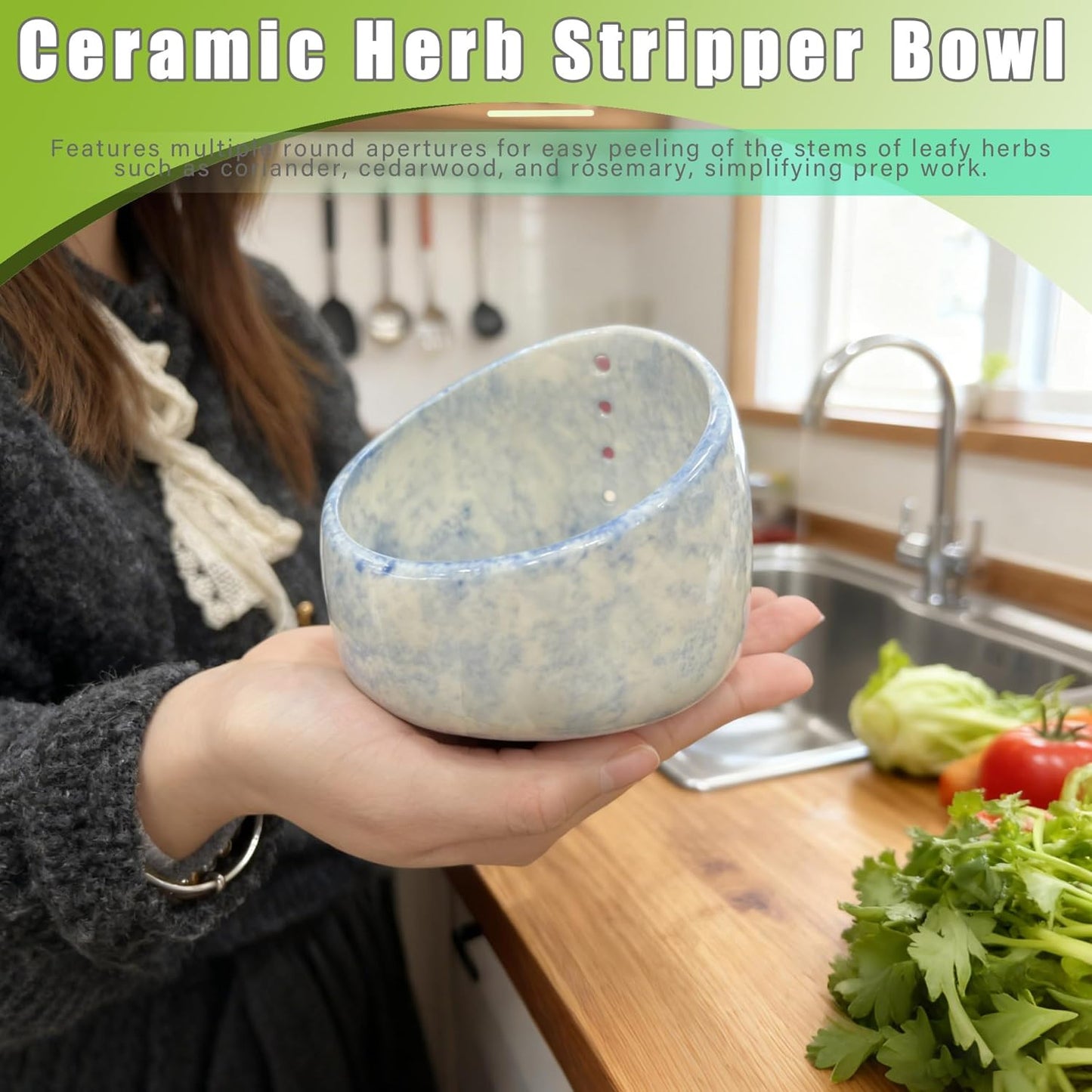 Herb Stripper Bowl, Pottery Ceramic Herb Stripper Stripper for Ergonomic Design Fast Leaf Removal (Green)