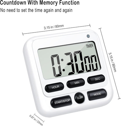 KTKUDY Digital Kitchen Timer with Mute/Loud Alarm Switch ON/Off Switch, 12-Hour Clock & Alarm, Memory Function Count Up & Count Down for Kids Teachers Cooking, Large LCD Display, Strong Magnet (Black)