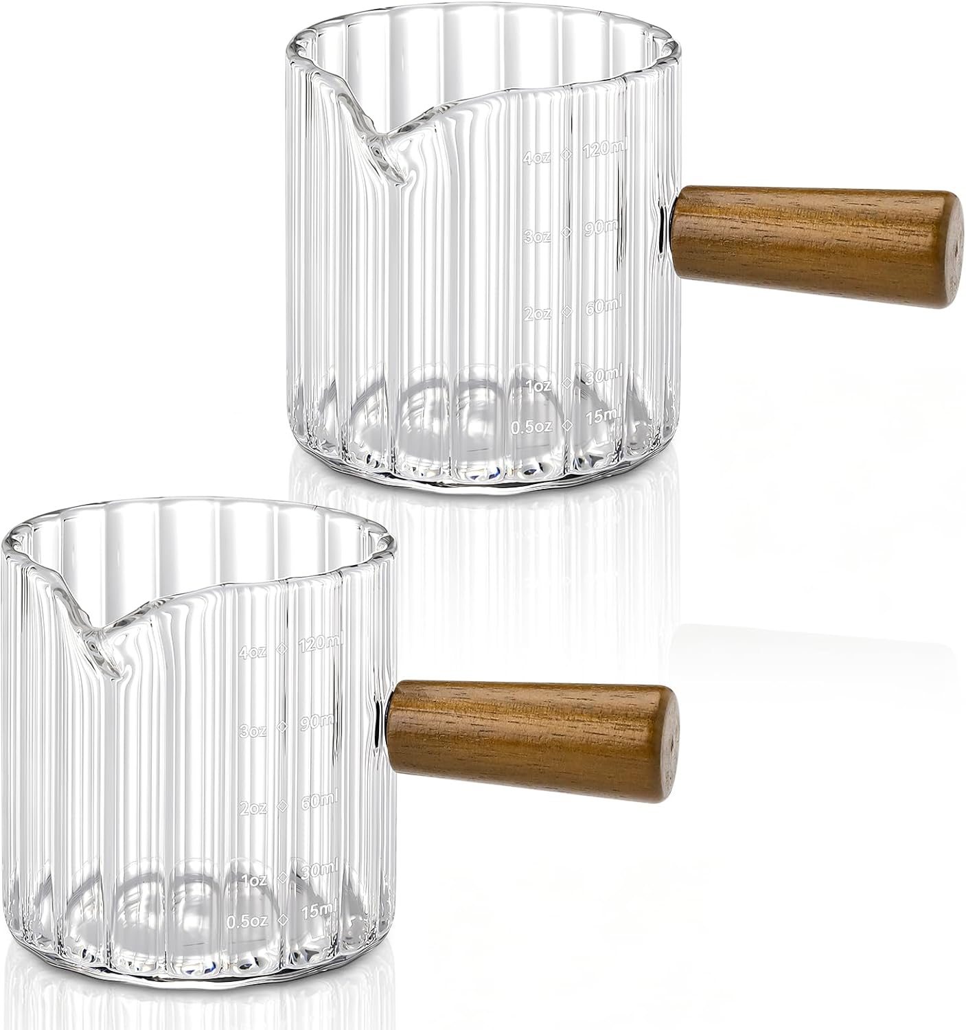 2 Pack Espresso Measuring Cups, 4oz Borosilicate Glass Espresso Shot Glasses with Wood Handle, V-Shaped Spout Ribbed Milk Frothing Cup, Measuring Cup for Coffee, Latte, Cappuccino, Tea, Syrup