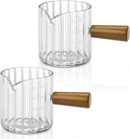 2 Pack Espresso Measuring Cups, 4oz Borosilicate Glass Espresso Shot Glasses with Wood Handle, V-Shaped Spout Ribbed Milk Frothing Cup, Measuring Cup for Coffee, Latte, Cappuccino, Tea, Syrup