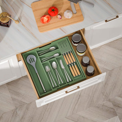 TIOPGHAD Small-Bamboo-Silverware-Drawer-Organizer, Expandable Utensil Kitchen Cutlery Tray Flatware Organization Adjustable Wood Tableware Dividers Storage (with Removable Knife Block)(Natural)