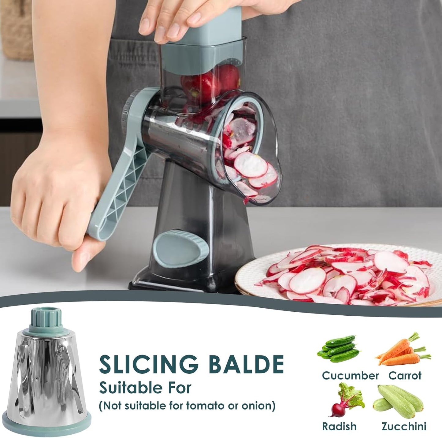 Rotary Cheese Grater with Handle, Shredder Slicer Grinder 3 Stainless Steel Blades Manual Cheese Cutter Hand Crank Graters for Kitchen Potato Zucchini Carrot Potato Vegetable Nuts Chocolate