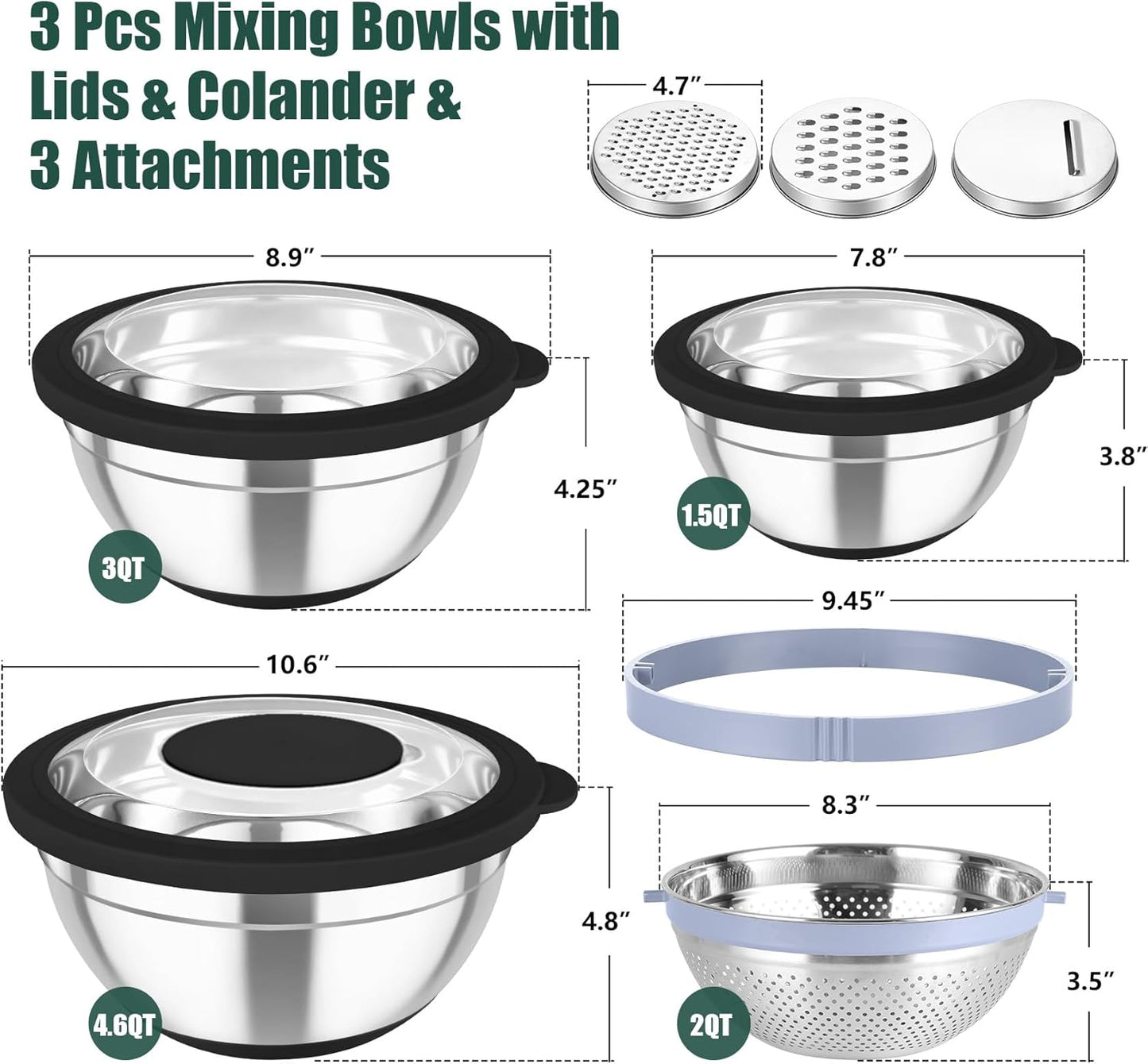 TeamFar Mixing Bowls with Colander Set, Stainless Steel Strainer and Nesting Salad Bowls, with Lids & 3 Graters, Non-Slip Bottom & Visible Lid, Rotatable & Dishwasher Safe, 4.6/3/1.5 QT, Khaki
