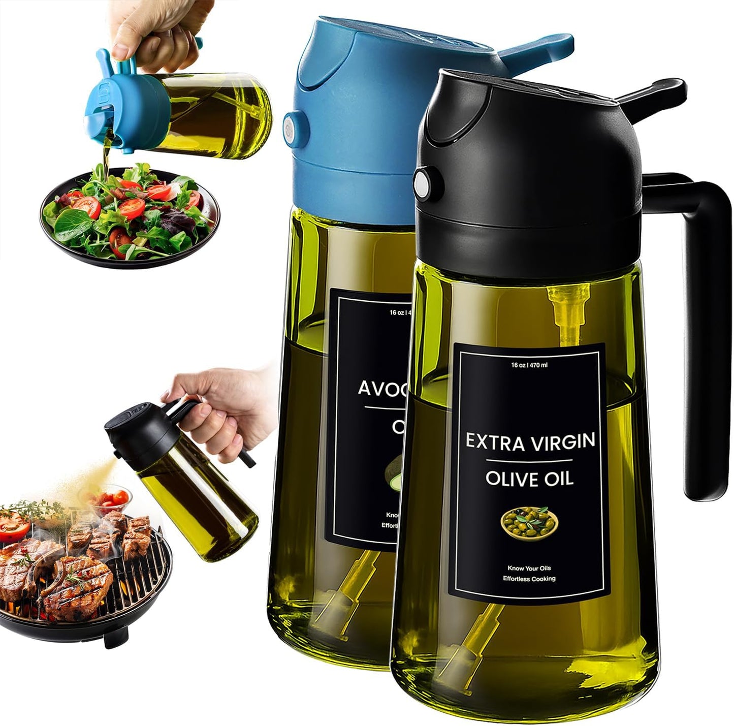 CXINYI - 16oz/470ml Olive Oil Dispenser for Kitchen with Stickers - 2 in 1 Olive Oil Sprayer for Cooking, Air Fryer, and Salad, Black&Green (Light-Proof Kitchen Gadget)