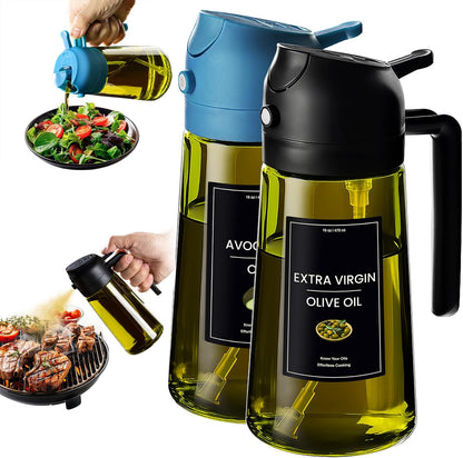 CXINYI - 16oz/470ml Olive Oil Dispenser for Kitchen with Stickers - 2 in 1 Olive Oil Sprayer for Cooking, Air Fryer, and Salad, Black&Green (Light-Proof Kitchen Gadget)