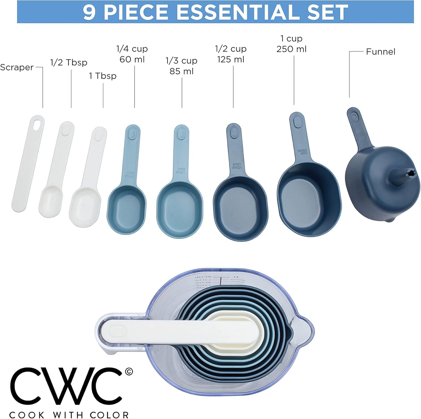 COOK WITH COLOR Measuring Cup Set - 9 PC. Nesting Stackable Liquid Measure Cup, Dry Measuring Cups and Spoons with Funnel and Scraper (Pastel)