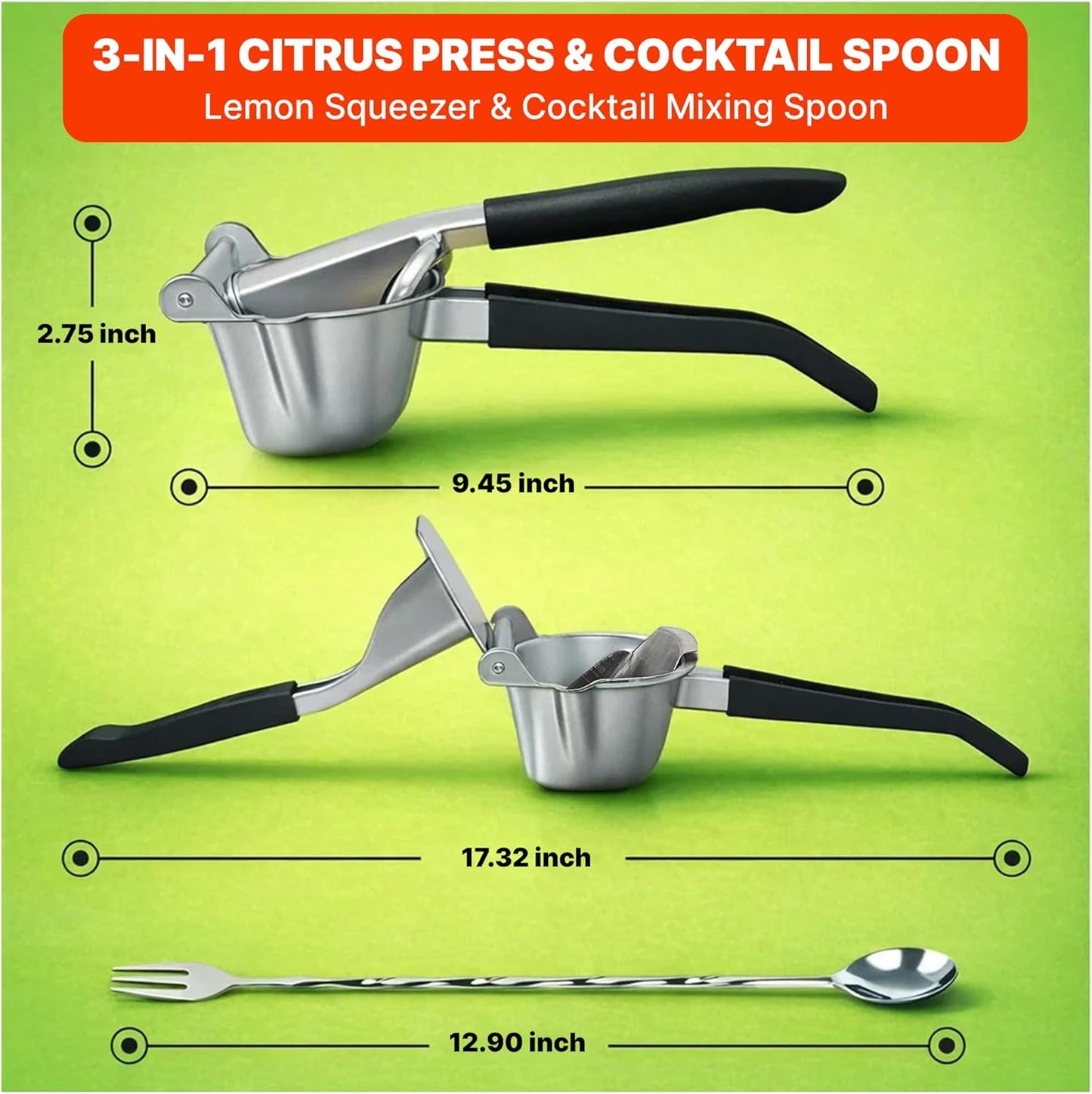 Butnix Lemon Squeezer, Stainless Steel 304 Hand Juicer, 3-in-1 Citrus Squeezer for Lemon Lime Orange, Manual Citrus Juicer with Cocktail Mixing Spoon, Non-Slip Grip, Life Time Warranty