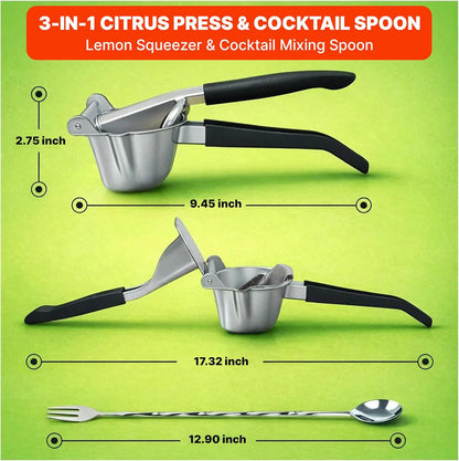 Butnix Lemon Squeezer, Stainless Steel 304 Hand Juicer, 3-in-1 Citrus Squeezer for Lemon Lime Orange, Manual Citrus Juicer with Cocktail Mixing Spoon, Non-Slip Grip, Life Time Warranty