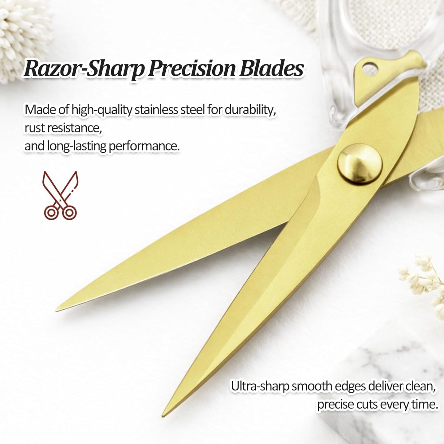 8.27-Inch Golden Kitchen Shears, Titanium-Coated Stainless Steel Cooking Scissors, Dishwasher Safe Utility Meat Scissors with Acrylic Handle