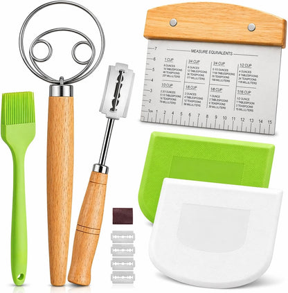 BOORIKA Sourdough Bread Baking Tool Set with Danish Dough Whisk, Bread Lame & Blades, Bench Scraper, Dough Scrapers and Silicone Brush – Sourdough Starter Kit