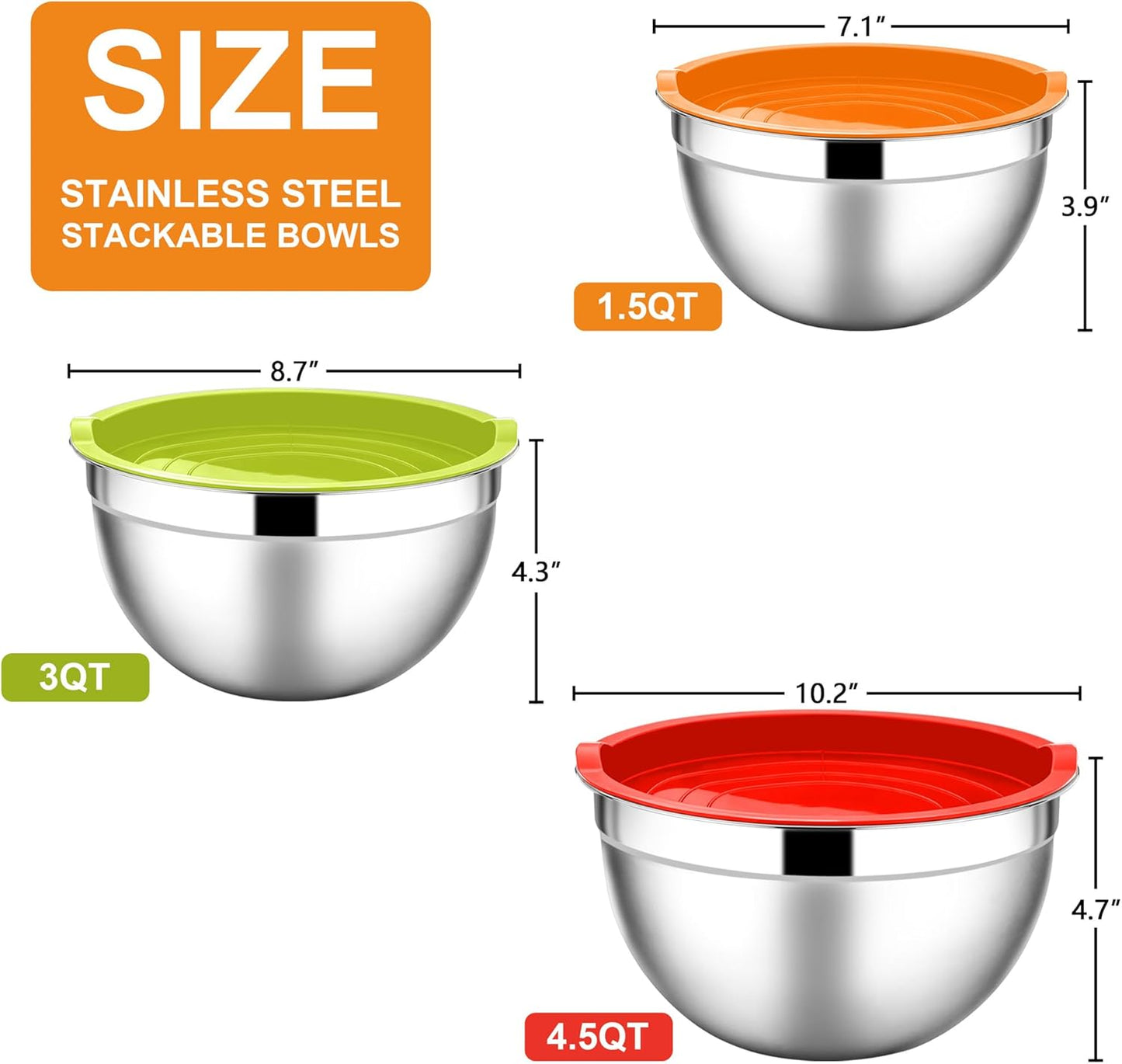 E-far Mixing Bowls with Lids, 6-Piece Stainless Steel Salad Bowls Metal Nesting Bowls for Baking Cooking and Prepping, Airtight Lids & Stackable Design, Size 4.5, 3, 1.5 QT (Black)