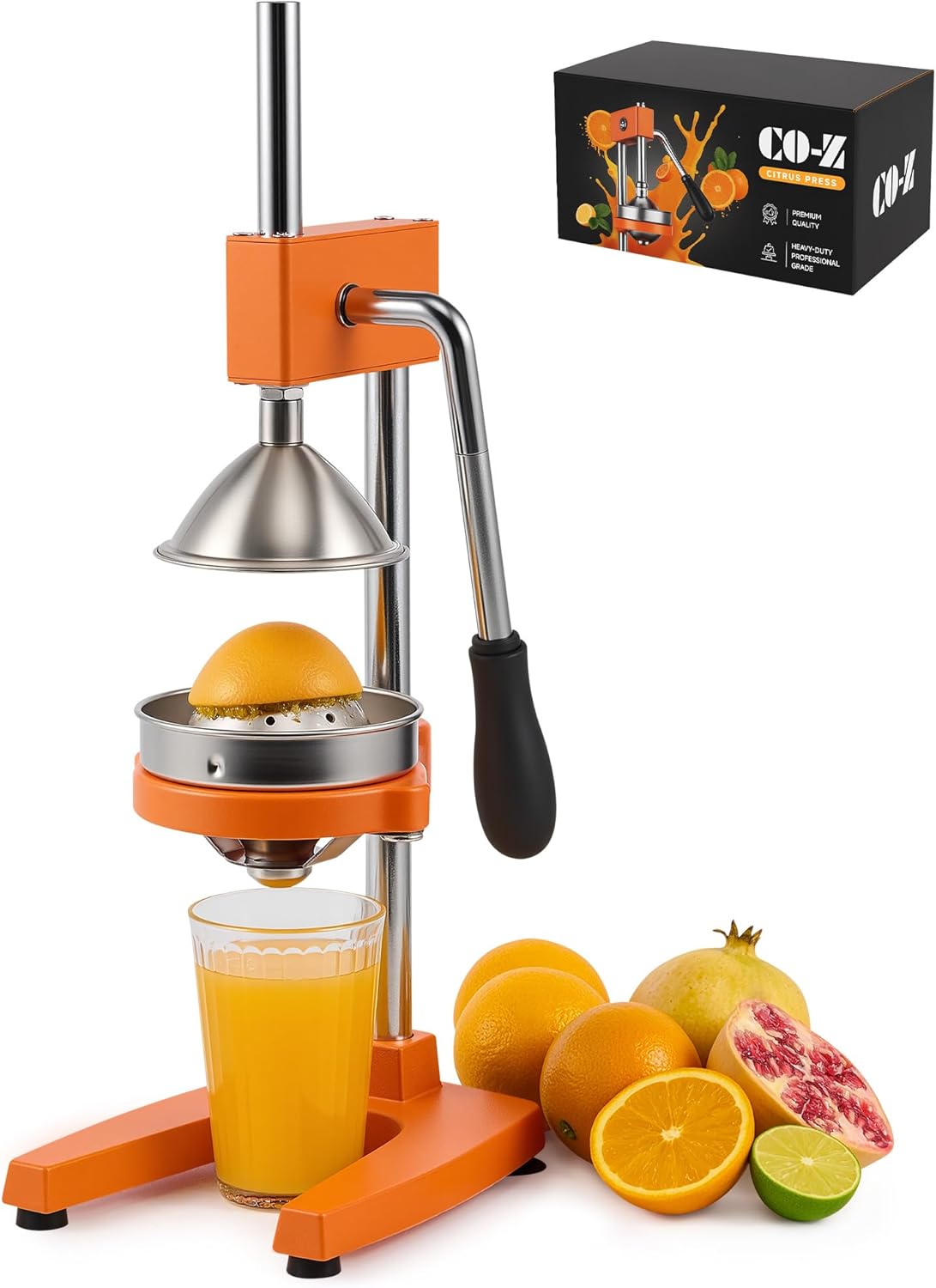 CO-Z Manual Citrus Juicer, Commercial Grade Cast Iron Orange Juicer, Professional Heavy Duty Juice Press with Removable Strainer, Manual Juice Extractor for Orange Lemon Pomegranate Citrus, Black