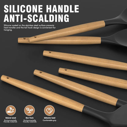 oannao Silicone Cooking Utensils Kitchen Utensil Set - 446°F Heat Resistant Silicone Kitchen Utensils Set, Spatula,Turner Tongs, Spoon, Whisk,Kitchen Gadgets for Nonstick Cookware, BPA Free (Gray)