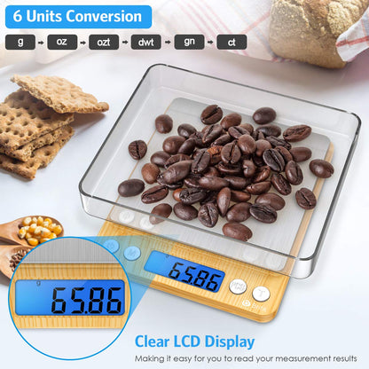(Upgraded) AMIR Digital Kitchen Scale, 500g Mini Pocket Jewelry Scale, Food Scale, Coffee Scale, Back-Lit LCD Display, 2 Trays, 6 Units, Auto Off, Tare, PCS, Stainless Steel (Batteries Included)