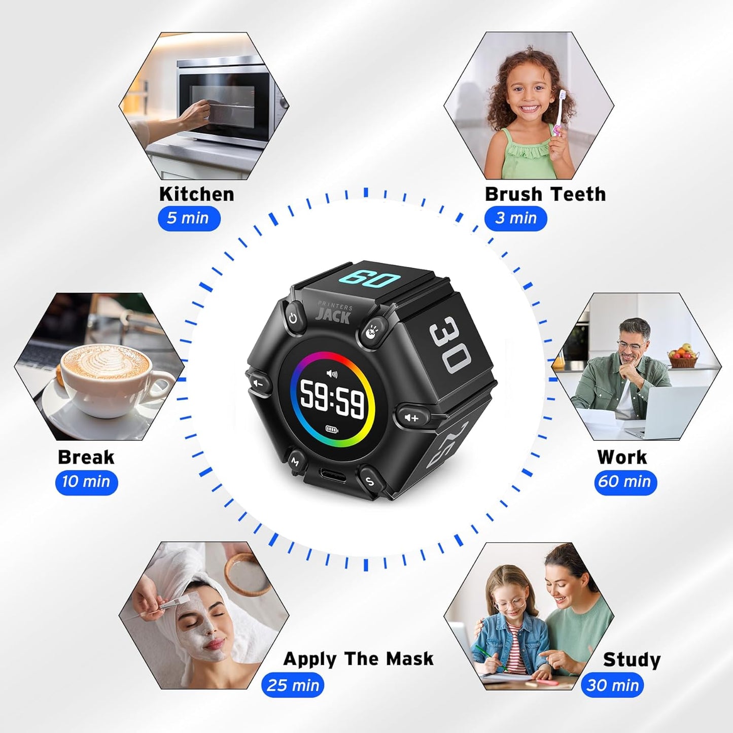 Pomodoro Timer, Magnetic Visual Timer with Flip Countdown, Silent & Alarm, Tools for Anyone, Cube Digital Timer for for Work, Kitchen Cooking, Study, 3/5/10/25/30/60min & Custom Countdown - Turquoise