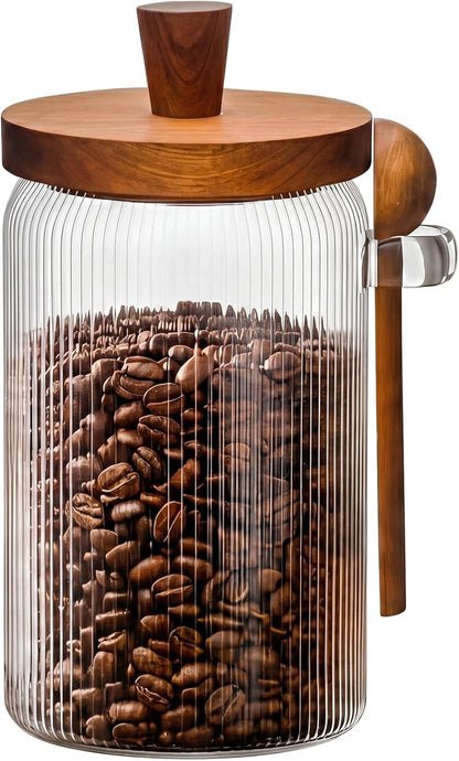 31oz Airtight Coffee Canister with Scoop, Glass Coffee Container for Bean Storage, Clear Coffee Bean Holder Jar with Acacia Wood Lid ans Spoon, Coffee Storage Container Kitchen Canister for Countertop