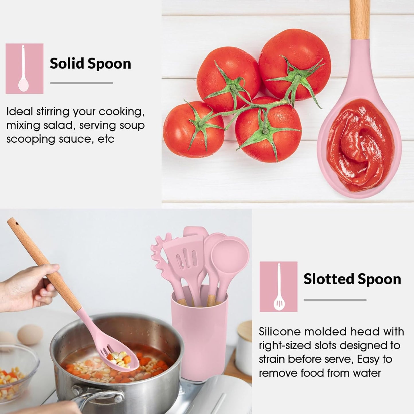E-far Cooking Utensils Set of 6, Silicone Kitchen Utensils with Wooden Handle, Non-stick Cookware Friendly & Heat Resistant, Includes Spatula/Ladle/Slotted Turner/Serving Spoon/Spaghetti Server(Khaki)