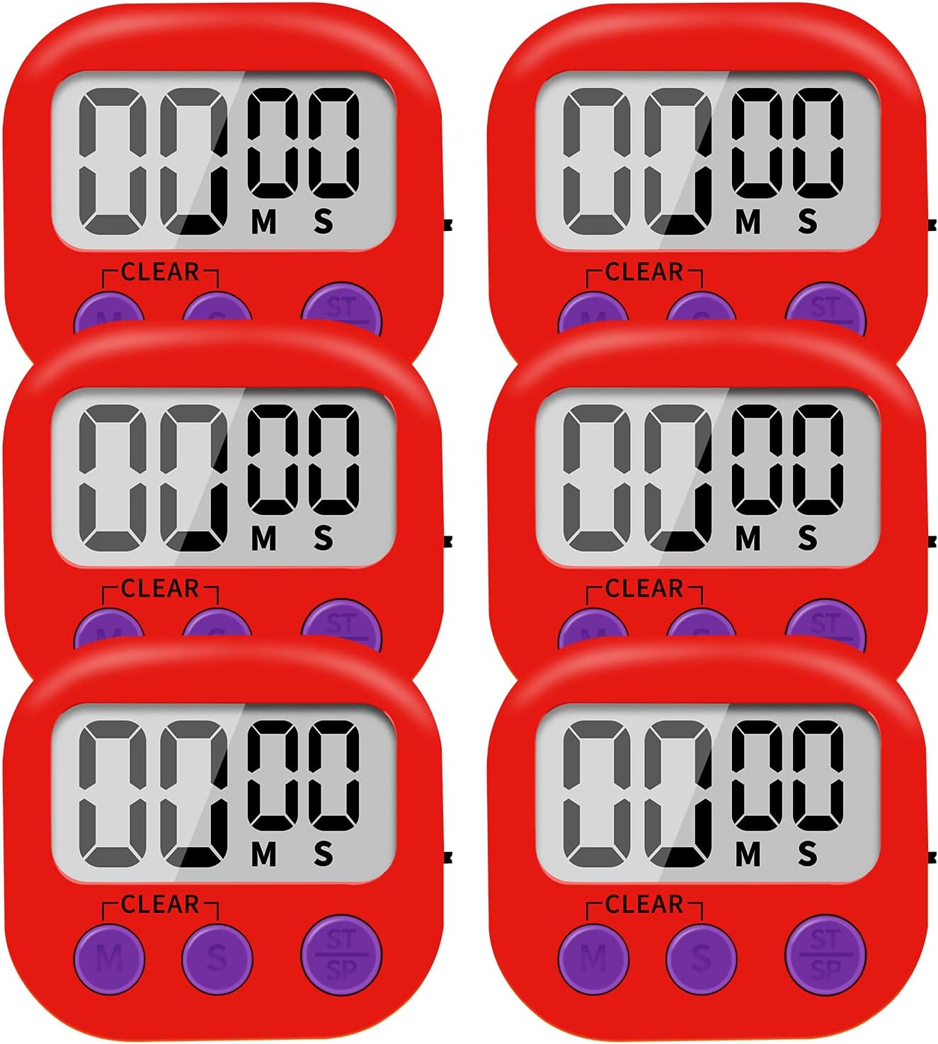 6 Pack Small Digital Kitchen Timer Magnetic Back and ON/Off Switch,Minute Second Count Up Countdown (Red)
