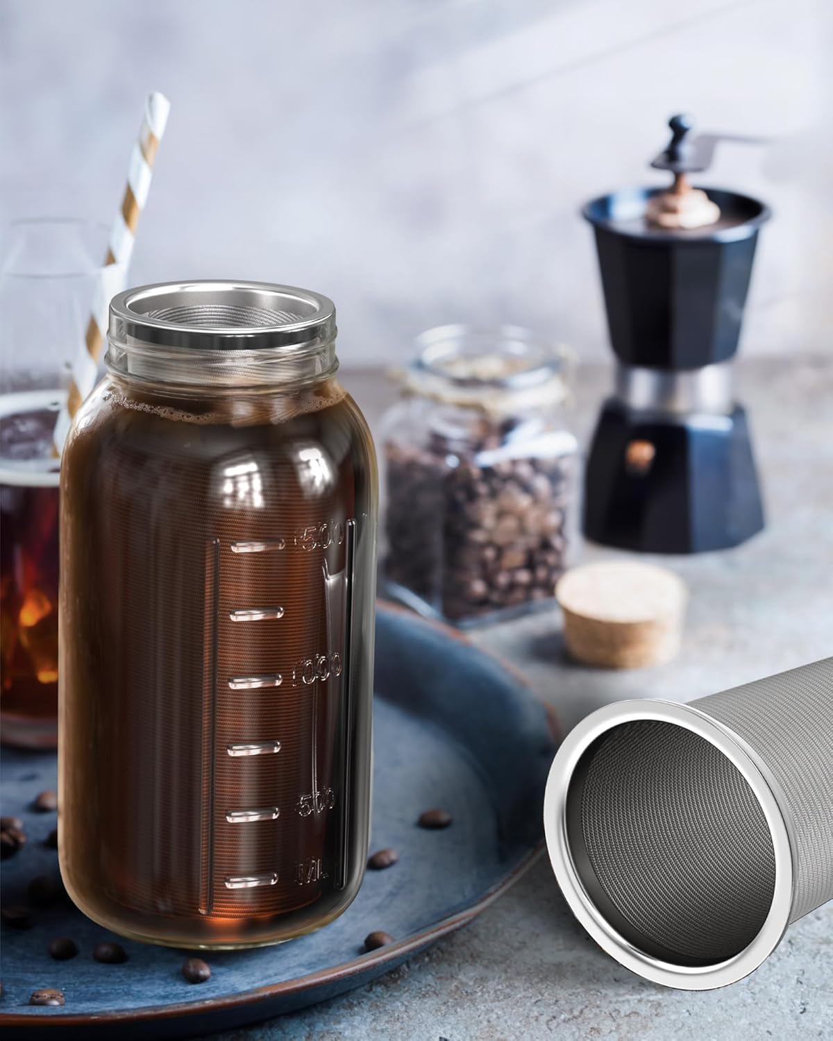 Cold Brew Strainer for 64oz Wide Mouth Mason Jars - 100-Micron Fine Mesh, Reusable 304 Stainless Steel Coffee Cold Brew Filter with Sealing Ring for Cold Brew Coffee Maker, Tea Infuser