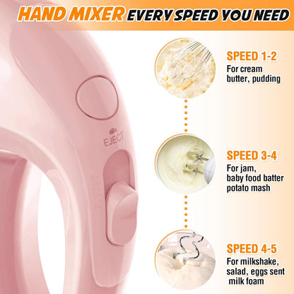 Hand Mixer, 5-Speed Electric Whisk with Turbo Boost Includes 5 Stainless Steel Attachments - Great Stand Mixer Alternative for Baking Cakes, Bread & More