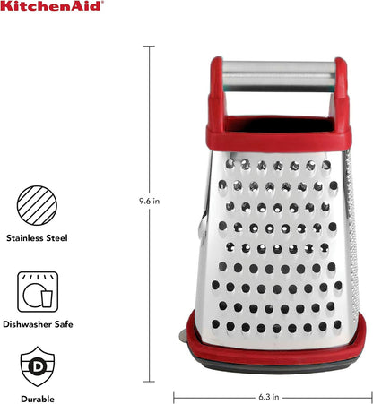 KitchenAid Gourmet 4-Sided Stainless Steel Box Grater for Fine, Medium and Coarse Grate, and Slicing, Detachable 3 Cup Storage Container and Measurment Markings, Dishwasher Safe, 10 inches tall, Black