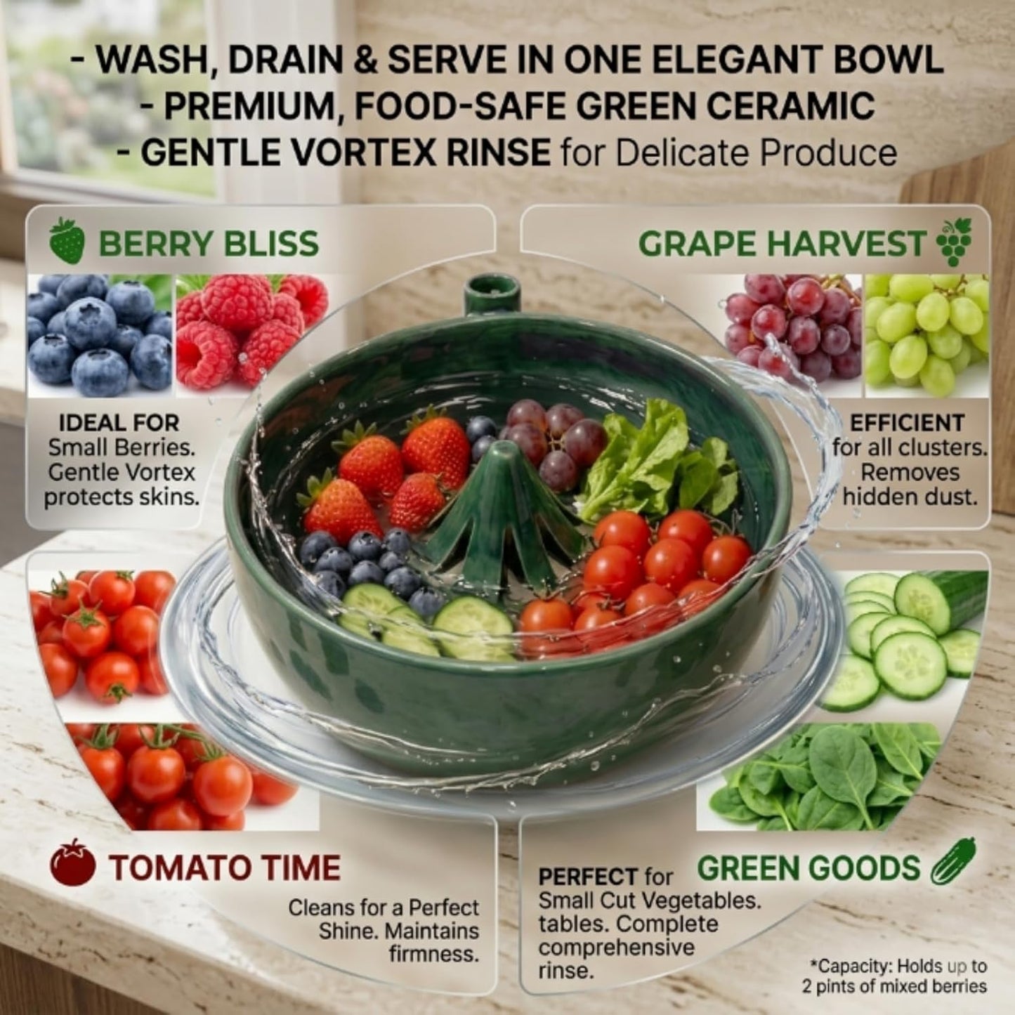 Self Spinning Berry Washing Bowl, Automatic Berry Rinse Bowl with Vortex Washing, 360-Degree Fruit Washer Colander with Built-in Drain Holes for Kitchen, Berries, Grapes and Vegetables (1Pc)