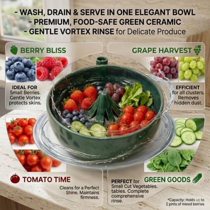 Self Spinning Berry Washing Bowl, Automatic Berry Rinse Bowl with Vortex Washing, 360-Degree Fruit Washer Colander with Built-in Drain Holes for Kitchen, Berries, Grapes and Vegetables (1Pc)