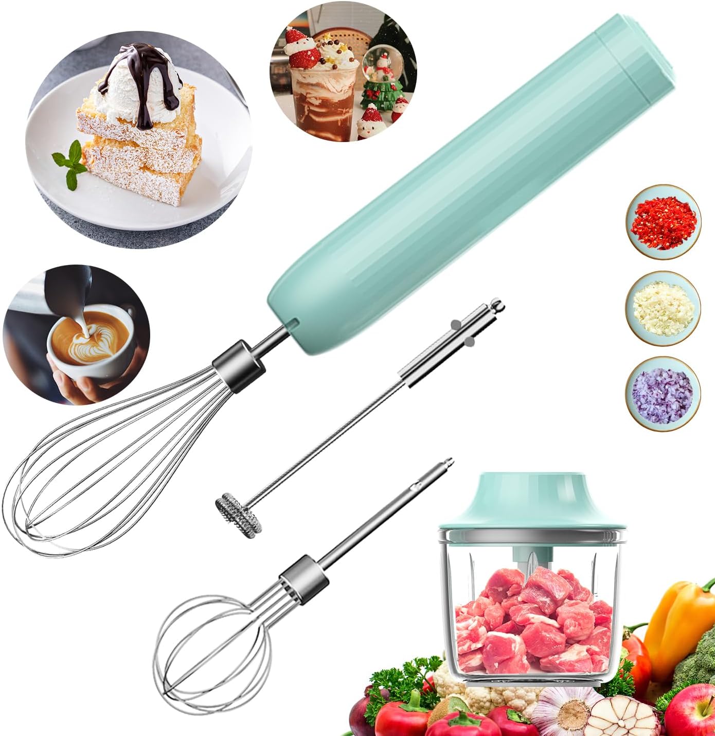 Cordless Hand Mixer MixgoII, Handheld Mixer Electric Whisk & Milk Frother, Hand Held Mini Mixers, Rechargeable Hand Mixer and Whisker, Food Processor for Cooking, Food Chopper, 4-Speed, 10Oz
