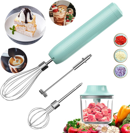 Cordless Hand Mixer MixgoII, Handheld Mixer Electric Whisk & Milk Frother, Hand Held Mini Mixers, Rechargeable Hand Mixer and Whisker, Food Processor for Cooking, Food Chopper, 4-Speed, 10Oz