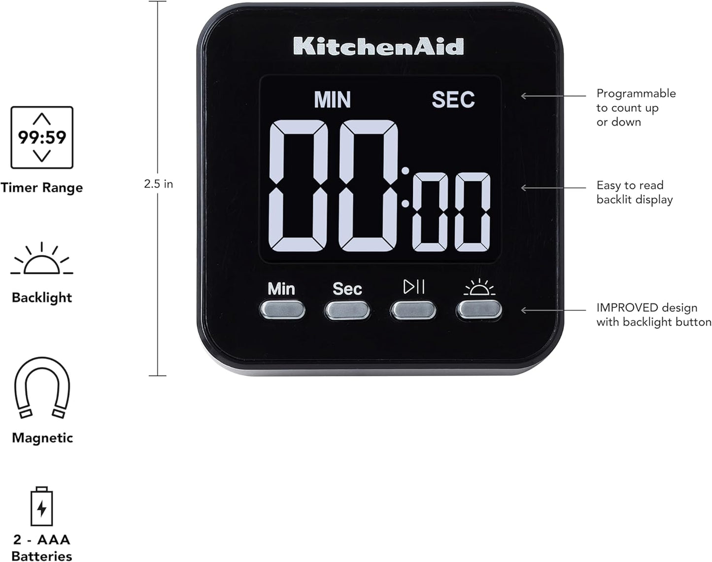 KitchenAid KQ912 99M Digital Single Event Magnetic Visual Timer with Backlight, Cooking, Classroom, Egg Timer, Black