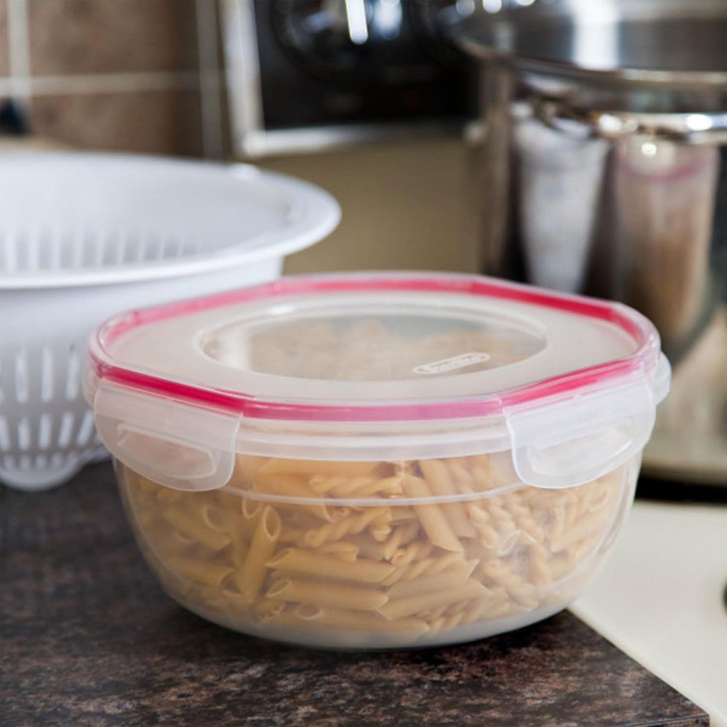 Sterilite Ultra-Seal 8.1 Qt Bowl, Large Airtight Food Storage Container, Latching Lid, Microwave and Dishwasher Safe, Clear With Red Gasket, 2-Pack