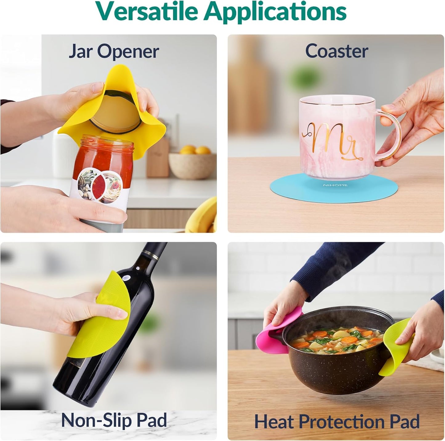 NIHOME Silicone Jar Opener – 6 Inch Large Anti-Slip Grip Pads, Premium 100% Food-Grade Silicone, Stylish Designer Colors, Multi-Purpose Heat-Resistant Mat & Coaster, Set of 4