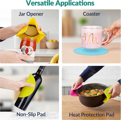 NIHOME Silicone Jar Opener – 6 Inch Large Anti-Slip Grip Pads, Premium 100% Food-Grade Silicone, Stylish Designer Colors, Multi-Purpose Heat-Resistant Mat & Coaster, Set of 4