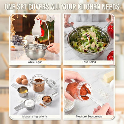 31PCS Mixing Bowls with Lids Set, 5.5QT to 0.6QT Stainless Steel Nesting Bowls with Graters, Large Khaki Bowls & 21 Measuring Cups and Spoons Set Kitchen Appliances for Mixing, Baking, Food Storage