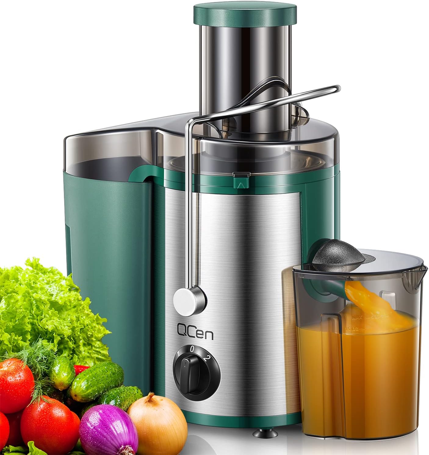 Qcen Juicer Machine, 500W Centrifugal Juicer Extractor with Wide Mouth 3” Feed Chute for Fruit Vegetable, Easy to Clean, Stainless Steel, BPA-free (Black)