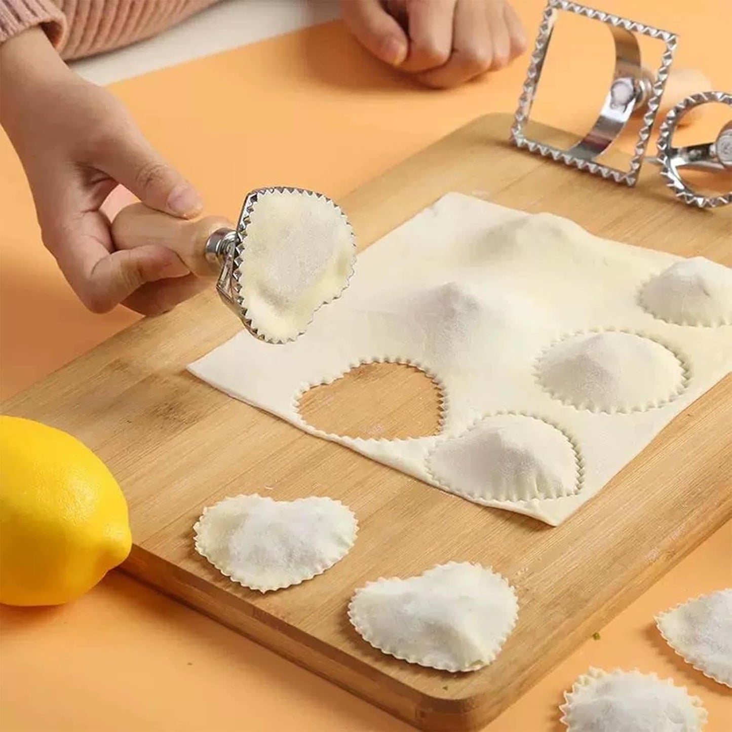 Ravioli Pasta Cutter Wooden Handle Ravioli Mold,One Square and One Round Suitable for Ravioli, Pasta, Biscuits, Etc