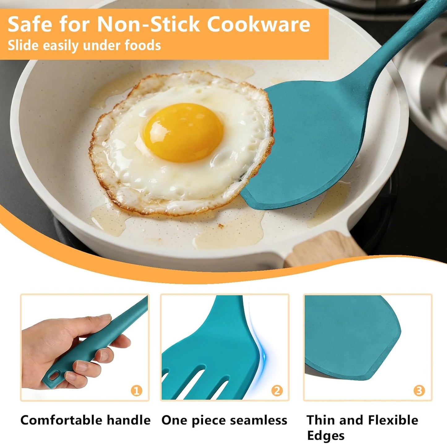 Silicone Spatula Turner Set, 600°F High Heat Resistant Spatulas for Cooking, BPA Free, Large Flexible Kitchen Utensils Flipping Eggs, Pancakes, Fish, Burgers, Dishwasher Safe (4 Pack, Black)