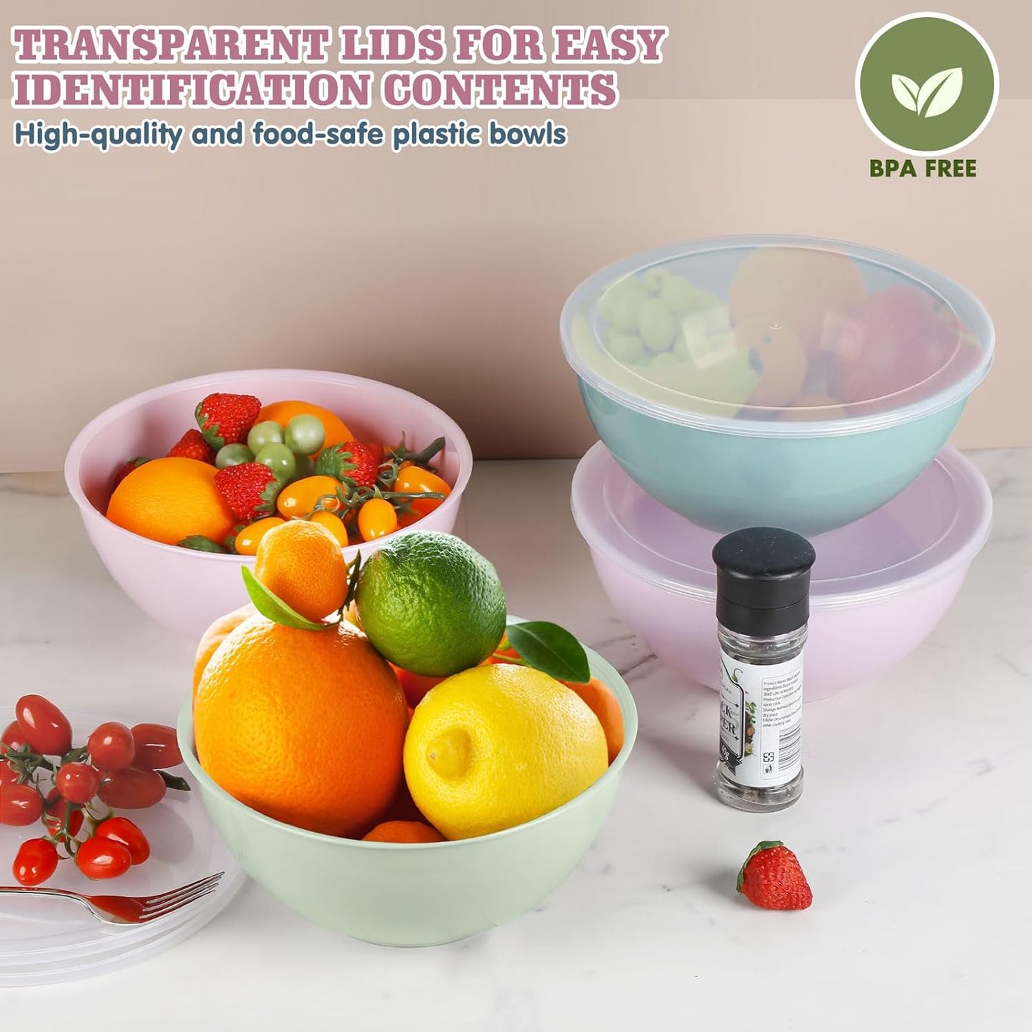 Greentainer 4-Piece Plastic Mixing Bowl Set with Lids for Kitchen, 67oz Lightweight Storage Bowls, Large Salad Bowls for Baking, Prepping, Cooking and Serving Food, Dishwasher & Microwave Safe