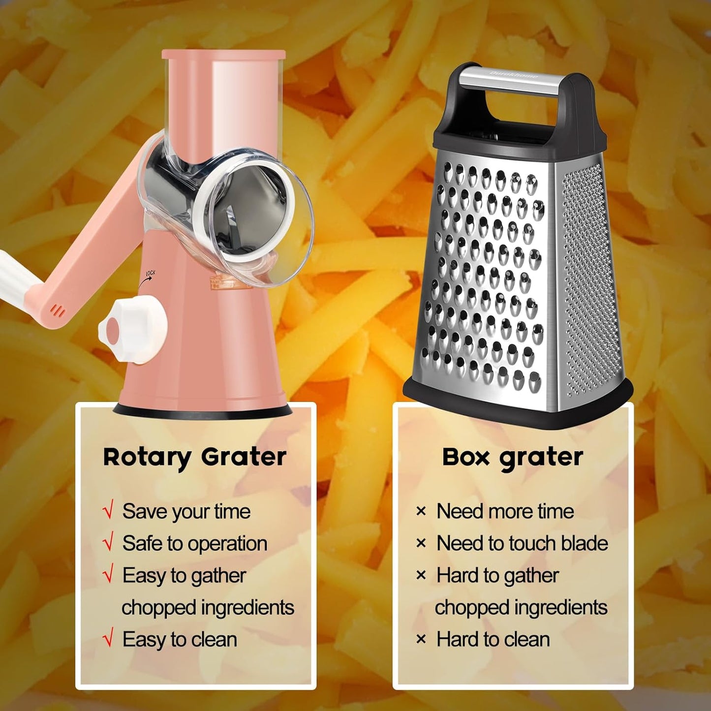 Ourokhome Rotary Cheese Grater Hand Crank, Kitchen Shredder Speed Mandolin Slicer Nut Grinder with Handle and Drum Blades for Cheese, Vegetable, Walnut, Chocolate, Potato, Carrot, 3 Blades, Dark Blue