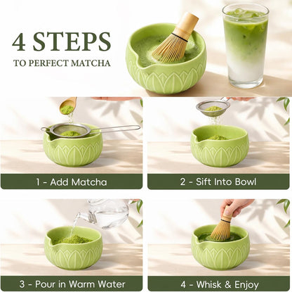 Matcha Whisk Set, Ceramic Matcha Set Includes Bowl & Holder, Bamboo Whisk (Chasen), Scoop, Spoon and Sifter, 6PCS Matcha Kit Covers Everything Needed for Making Matcha (Green)