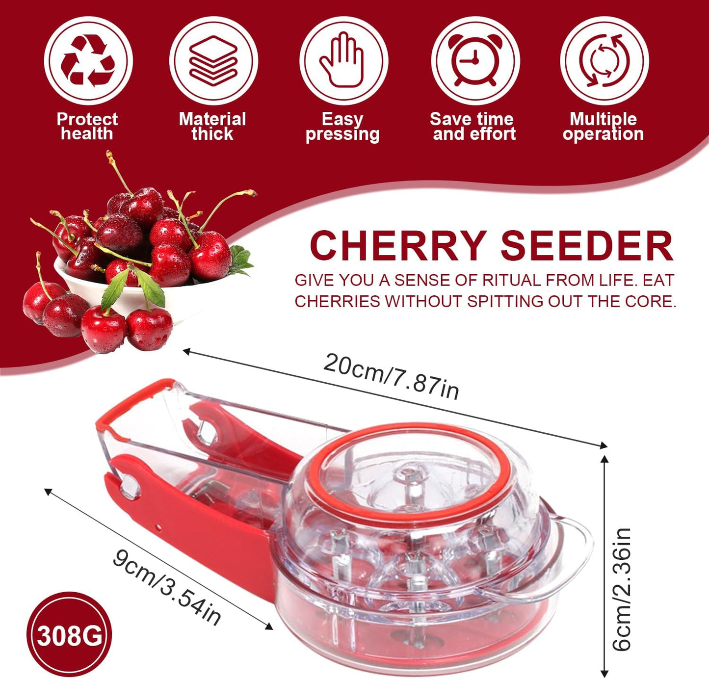 Cherry Pitter, Multi Cherry Stoner, Stainless Steel Multiple Cherry Stone Remover Tool, Cherry Seed Remover, Cherry Stone Seed Removal Core Easy Squeeze with Grip 6 Cherries Red