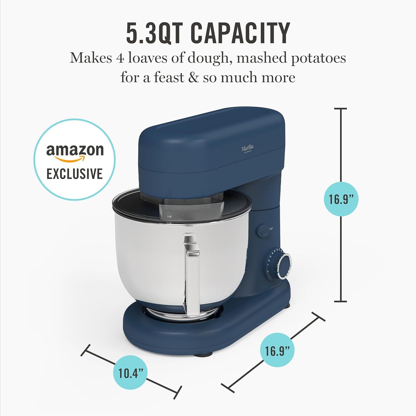 Martha Stewart Tilt-Head Stand Mixer, 12 Speed, 5.3QT Stainless Steel Bowl, Splash Guard with Pour Chute, Whisk, Dough Hook, Flat Beater, Electric Kitchen Baking Mixer, Bread, Cake, Whip, Sky Blue