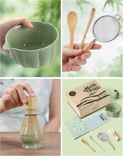 Matcha Whisk Set, 7 Pcs, Matcha Kit Includes Matcha Bowl, Matcha Whisk and Holder, Bamboo Scoop, Spoon, Sifter and Tea Towel, Matcha Set, Gift for Matcha Lovers & Beginners (Pink)