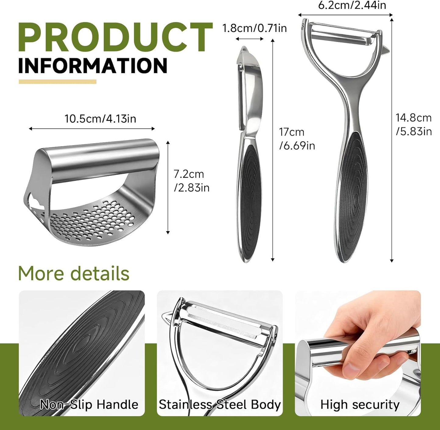 Built-in Bottle Opener Garlic Press Rocker Set Stainless Steel And All-in-One Kitchen Vegetable Peeler, Premium peelers For Kitchen - Ideal For Potato, Apple, Carrot, Fruit And More