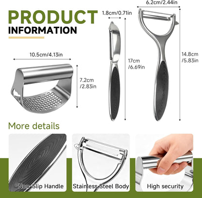 Built-in Bottle Opener Garlic Press Rocker Set Stainless Steel And All-in-One Kitchen Vegetable Peeler, Premium peelers For Kitchen - Ideal For Potato, Apple, Carrot, Fruit And More