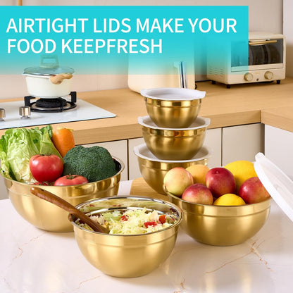 4 Piece Gold Mixing Bowls With Lids for Kitchen, Stainless Steel Set Ideal for Baking, Prepping, Cooking and Serving Food, Nesting Metal Bowls for Space Saving Storage