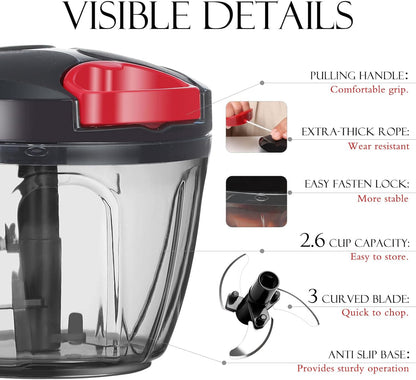 Ourokhome Manual Food Processor Vegetable Chopper, Portable Hand Pull String Garlic Mincer Onion Cutter for Veggies, Ginger, Fruits, Nuts, Herbs, etc., 500ml, Deep Blue