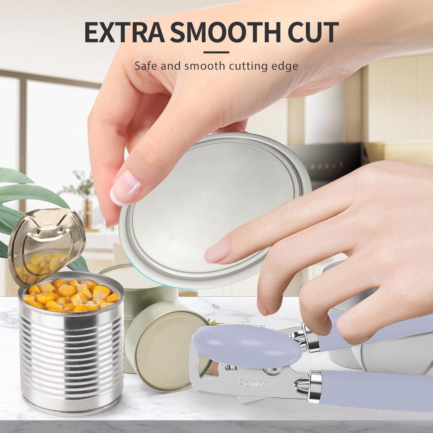 Safring Can Opener Manual, Heavy Duty Stainless Steel Smooth Edge Can Openers With Soft Touch Handle, Oversized Handheld Easy Turn Knob, Multi-Function Bottle Opener, Black